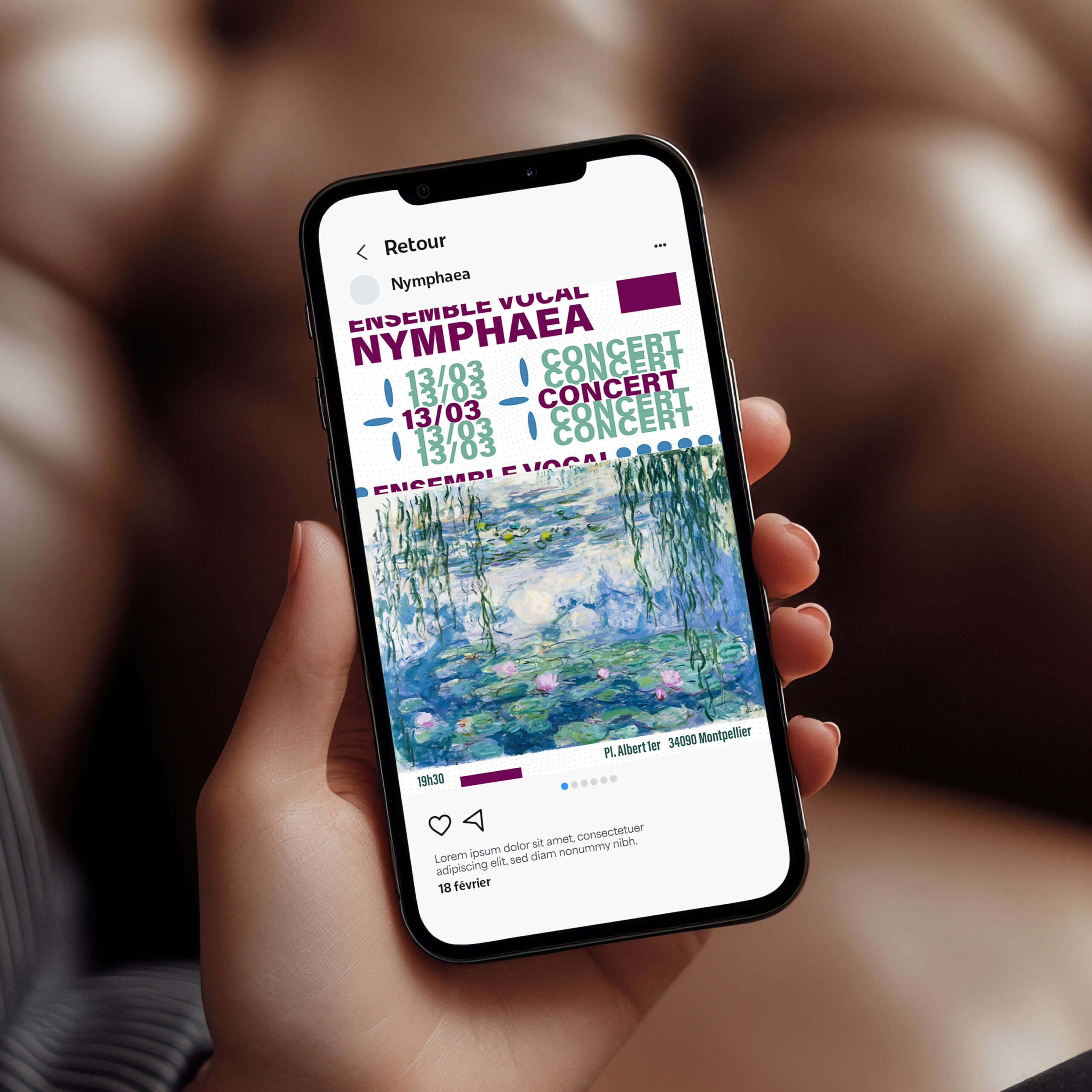 Visuel pour réseaux sociaux : concert de chant contemporain inspiré du tableau Les Nymphéas de Monet, palette violet, rose, bleu clair et vert clair