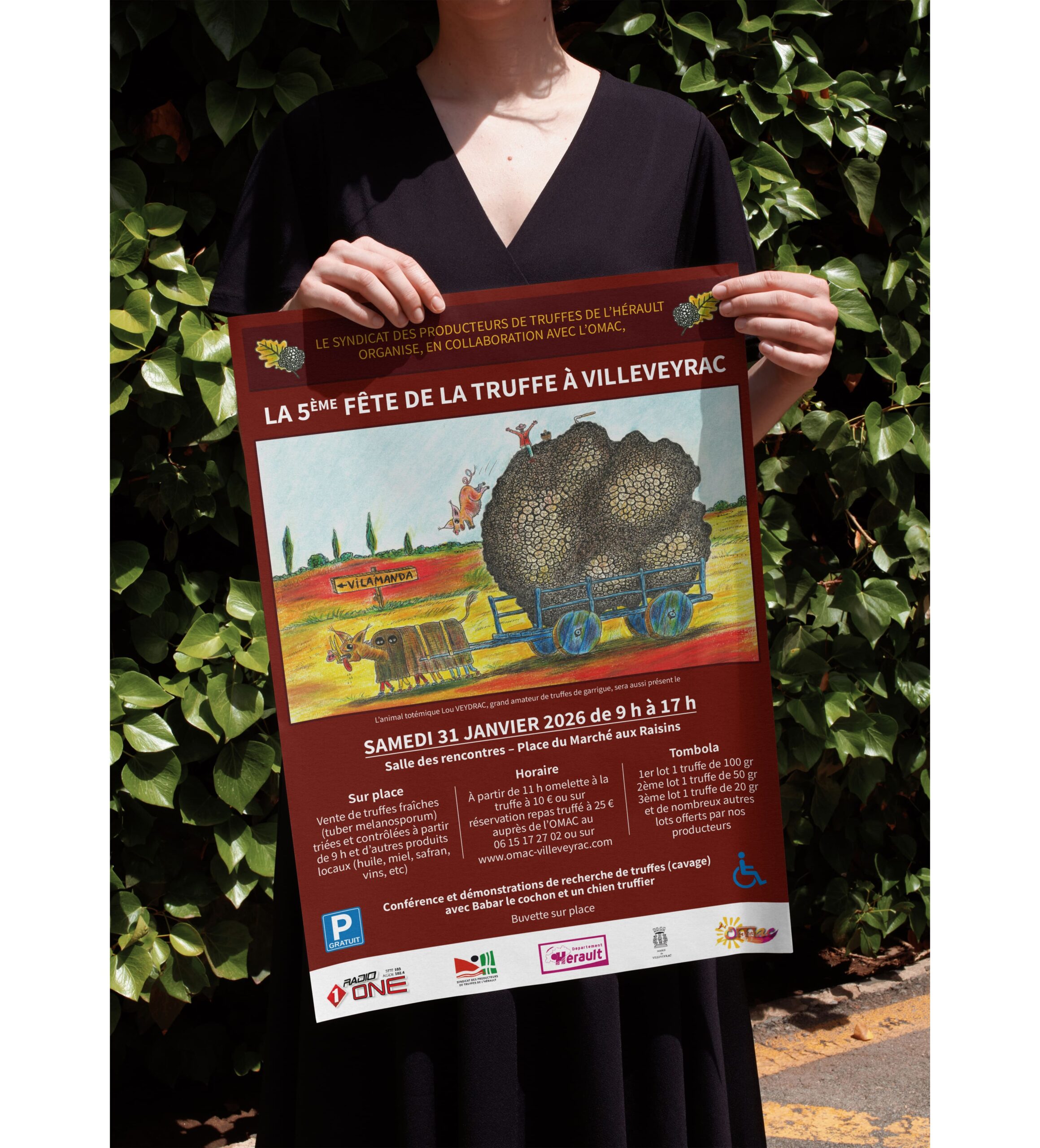 Affiche pour la 5ᵉ Fête de la Truffe à Villeveyrac, avec illustration de l’animal totem Lou VEYDRAC et couleurs rouge et jaune rappelant l’automne